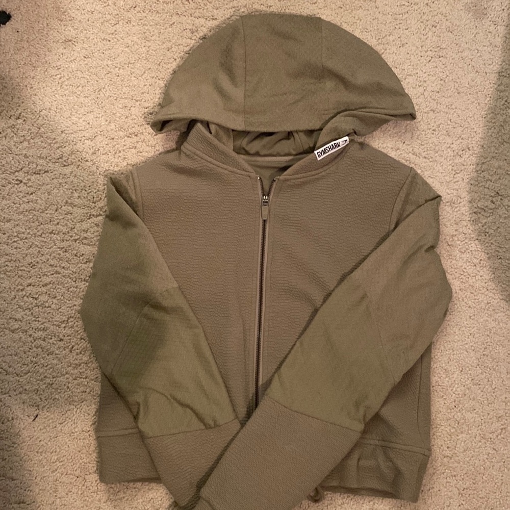 This is an army green gymshark bomber zip hoodie!!